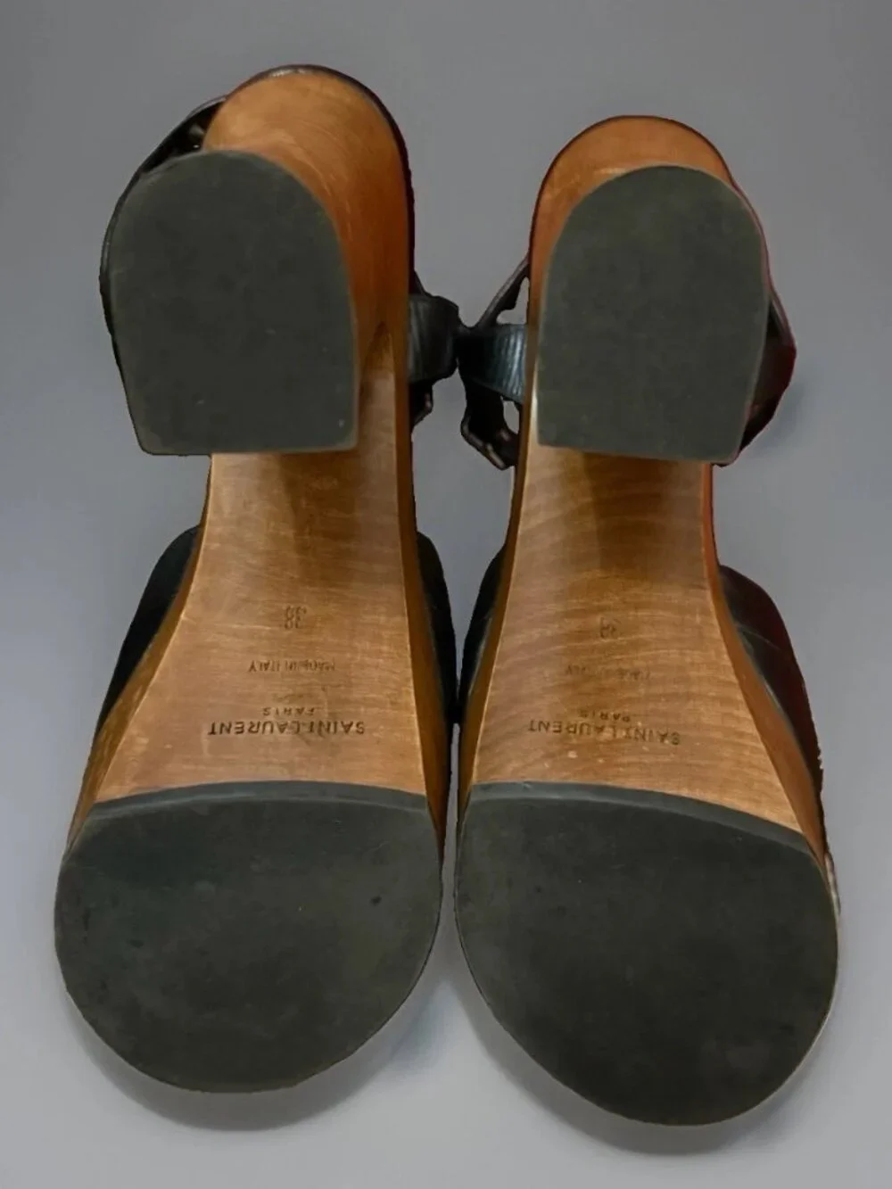 Saint Laurent Candy Black Leather Wooden Platform Sandals 38/8 US